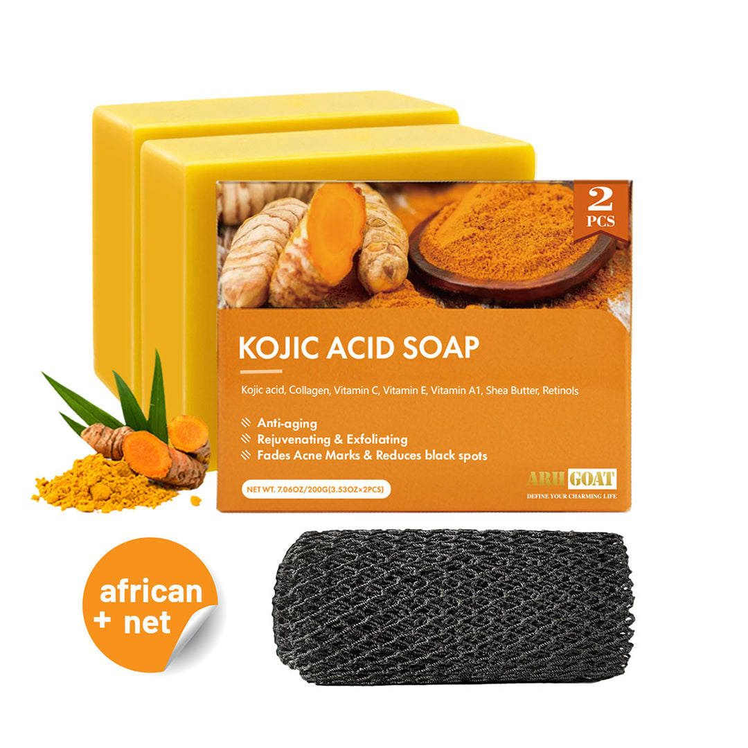 ARHGOAT Kojic Acid Soap 2 Bars 200g + African Net Sponge (Black)