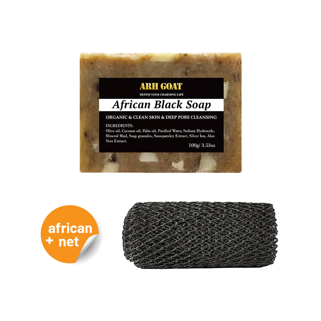 ARHGOAT African Black Soap 3.53oz/100g + Exfoliating Net Bath Sponge
