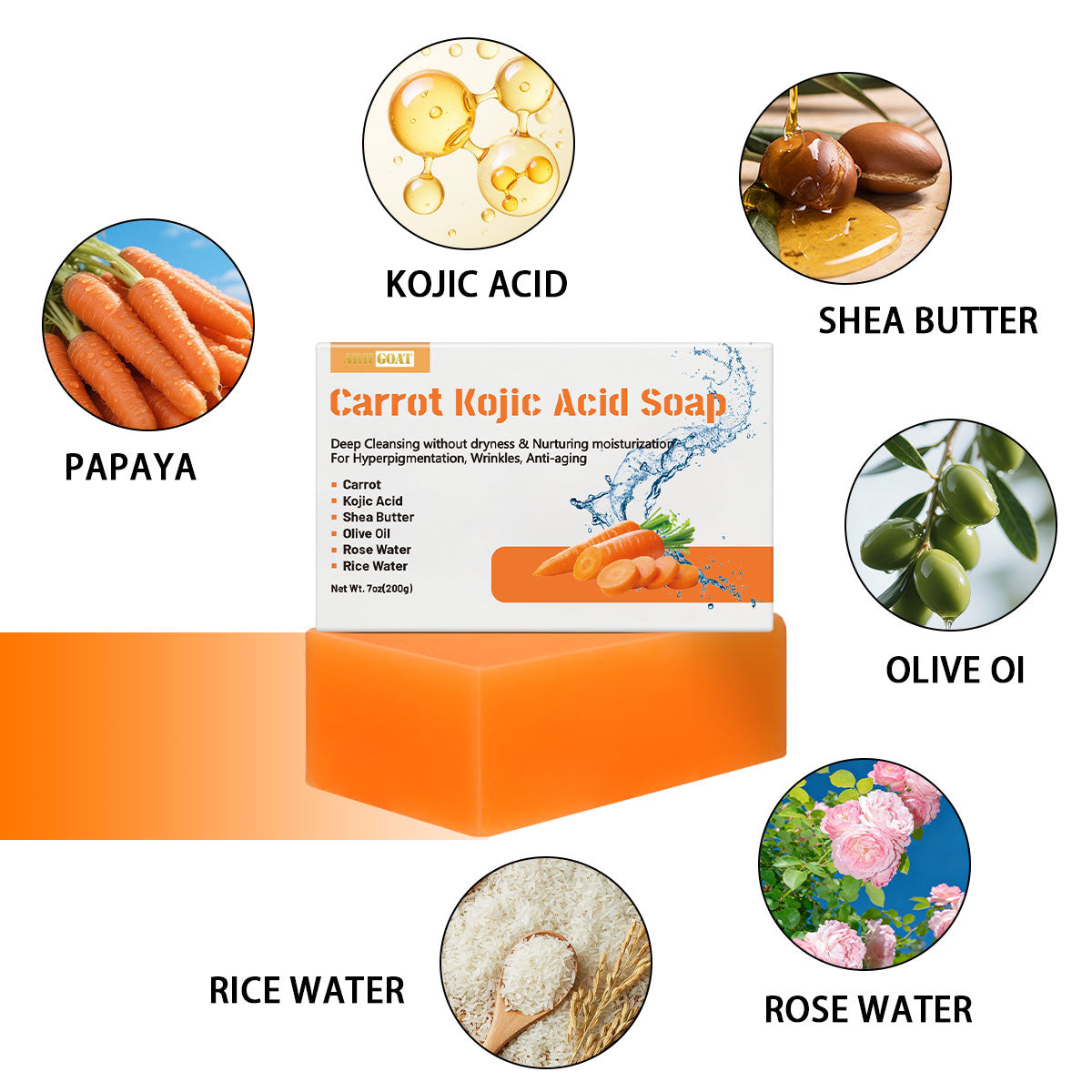 ARHGOAT Carrot Kojic Acid Soap 7oz/200g - NATURAL INGREDIENTS