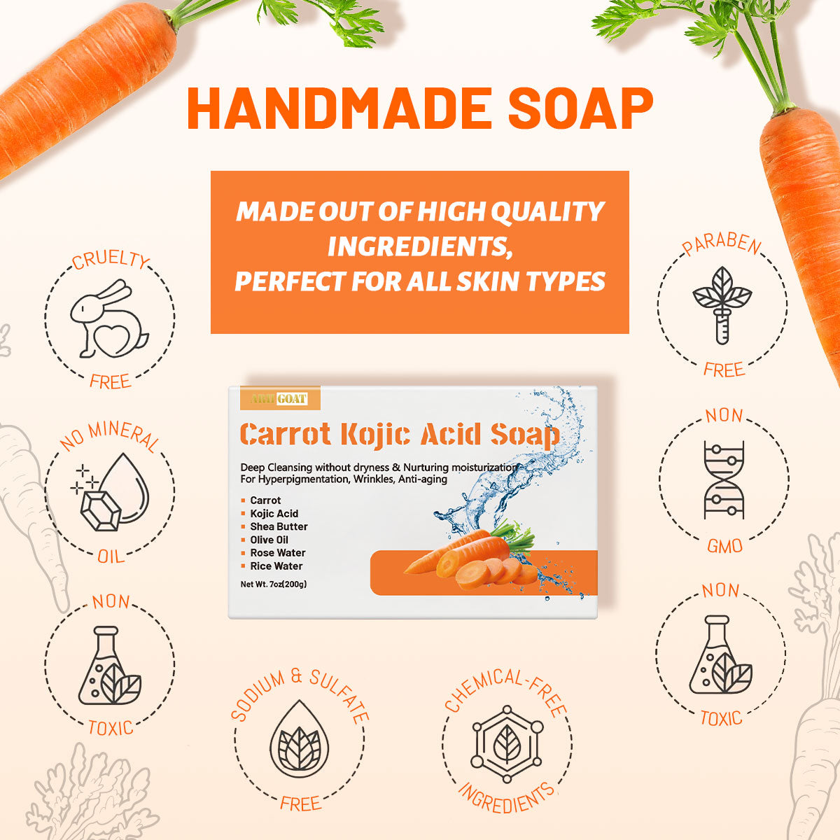 ARHGOAT Carrot Kojic Acid Soap 7oz/200g - FOR ALL SKIN TYPES