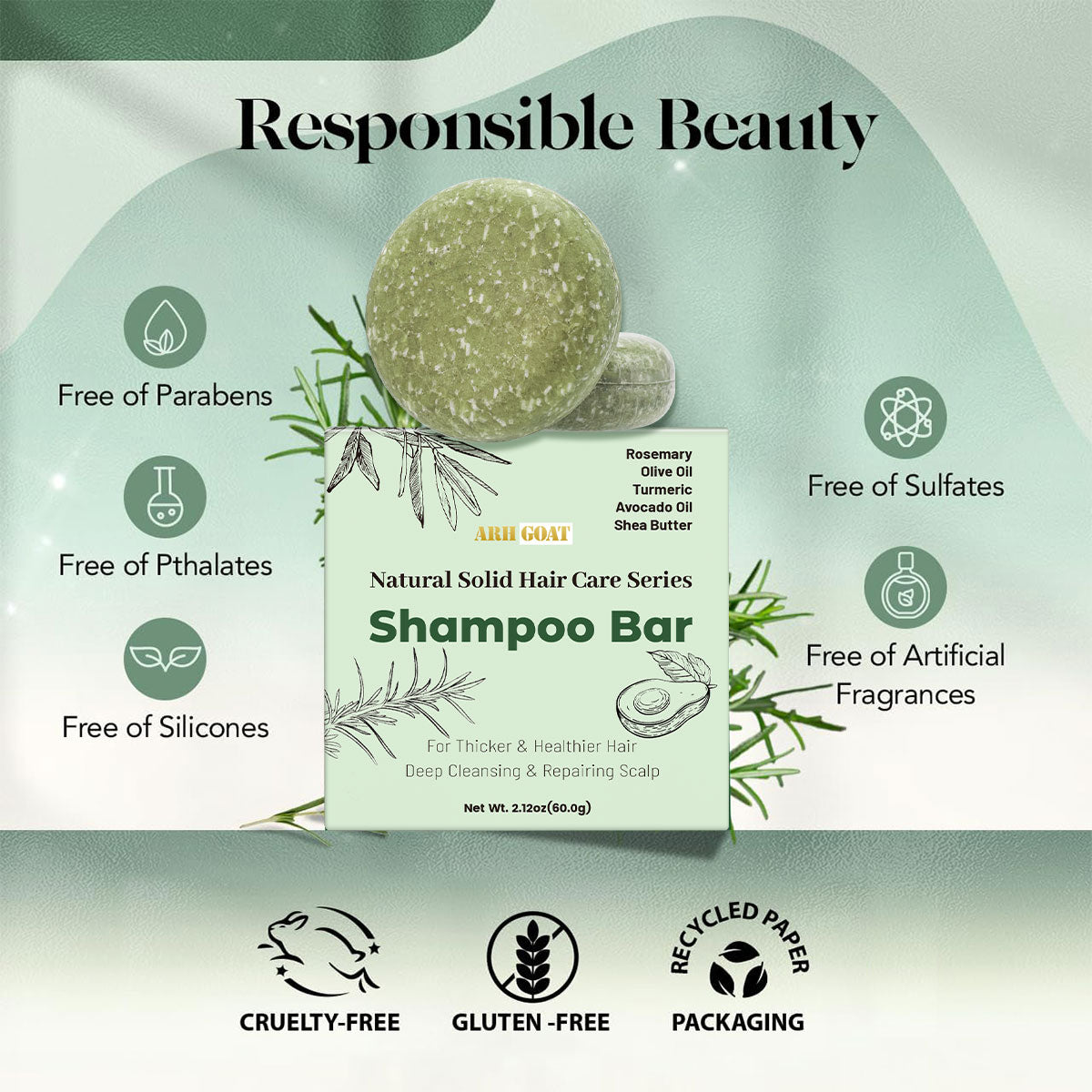 ARHGOAT Natural Solid Shampoo Soap Bar 2.12oz/60g - Organic, Eco-friendly, Safe