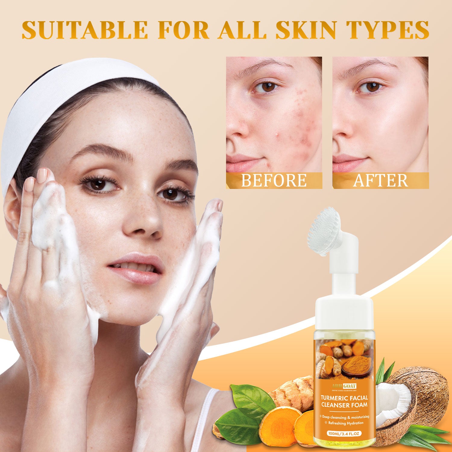 ARHGOAT Turmeric Facial Cleanser Foaming Face Wash 100ml - For All Skin Types