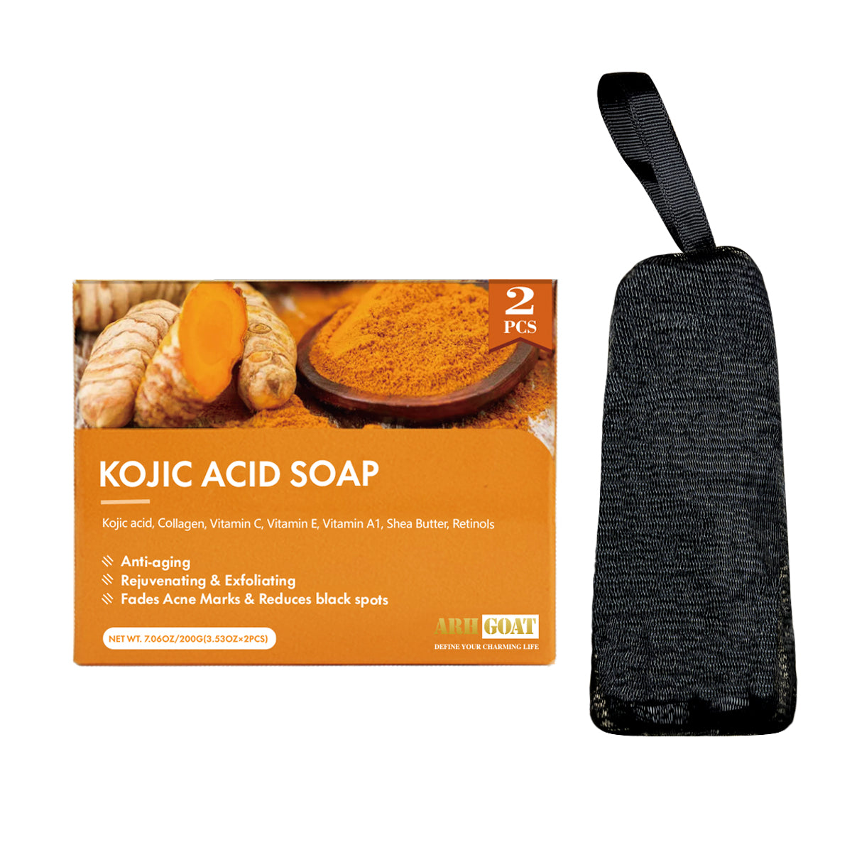 ARHGOAT Skin Lightening Kojic Acid Soap 7.06oz + Soap Foaming Bag