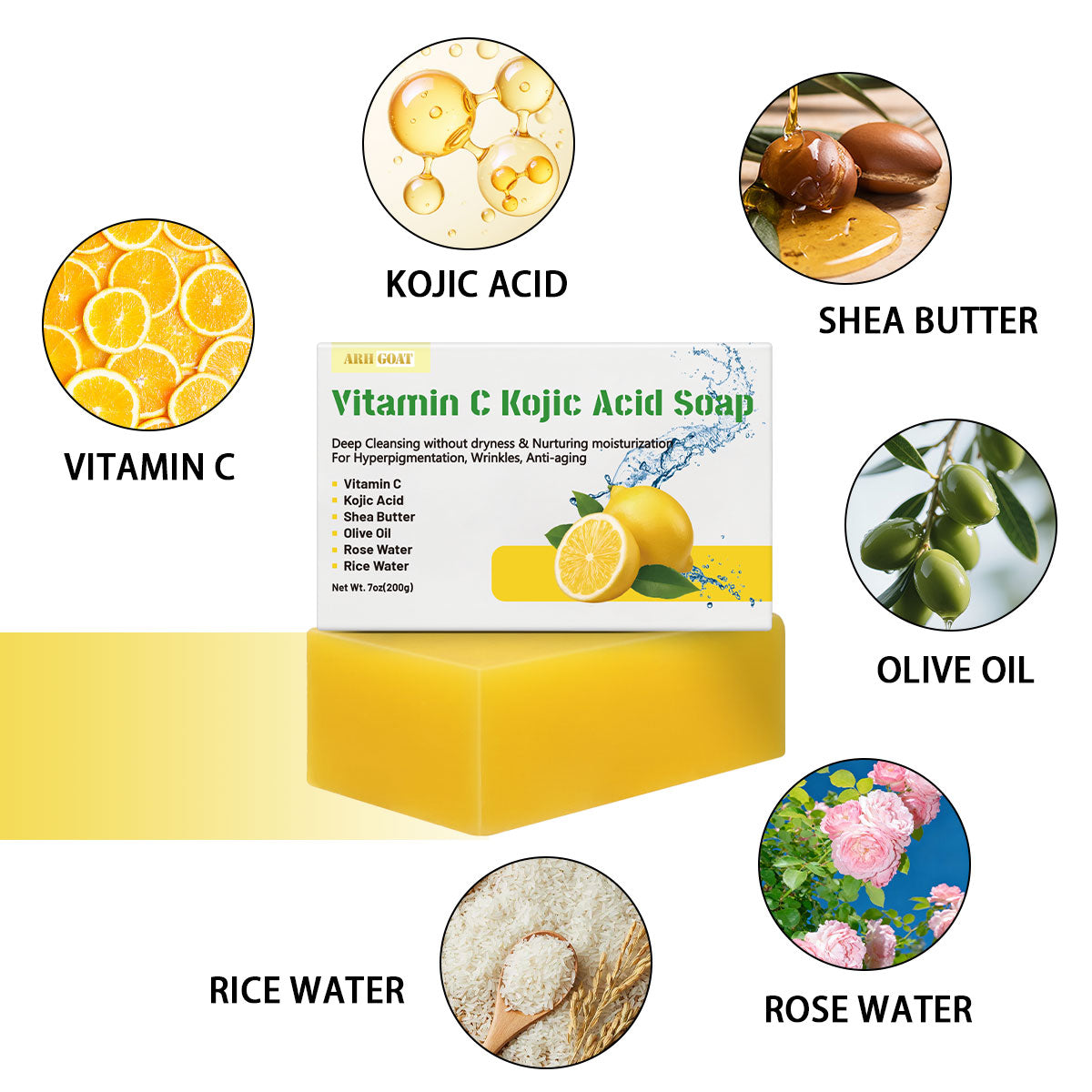 ARHGOAT Vitamin C Kojic Acid Soap 7oz/200g - NATURAL INGREDIENTS