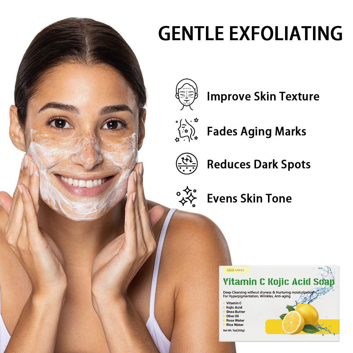 ARHGOAT Vitamin C Kojic Acid Soap 7oz/200g - BENEFITS