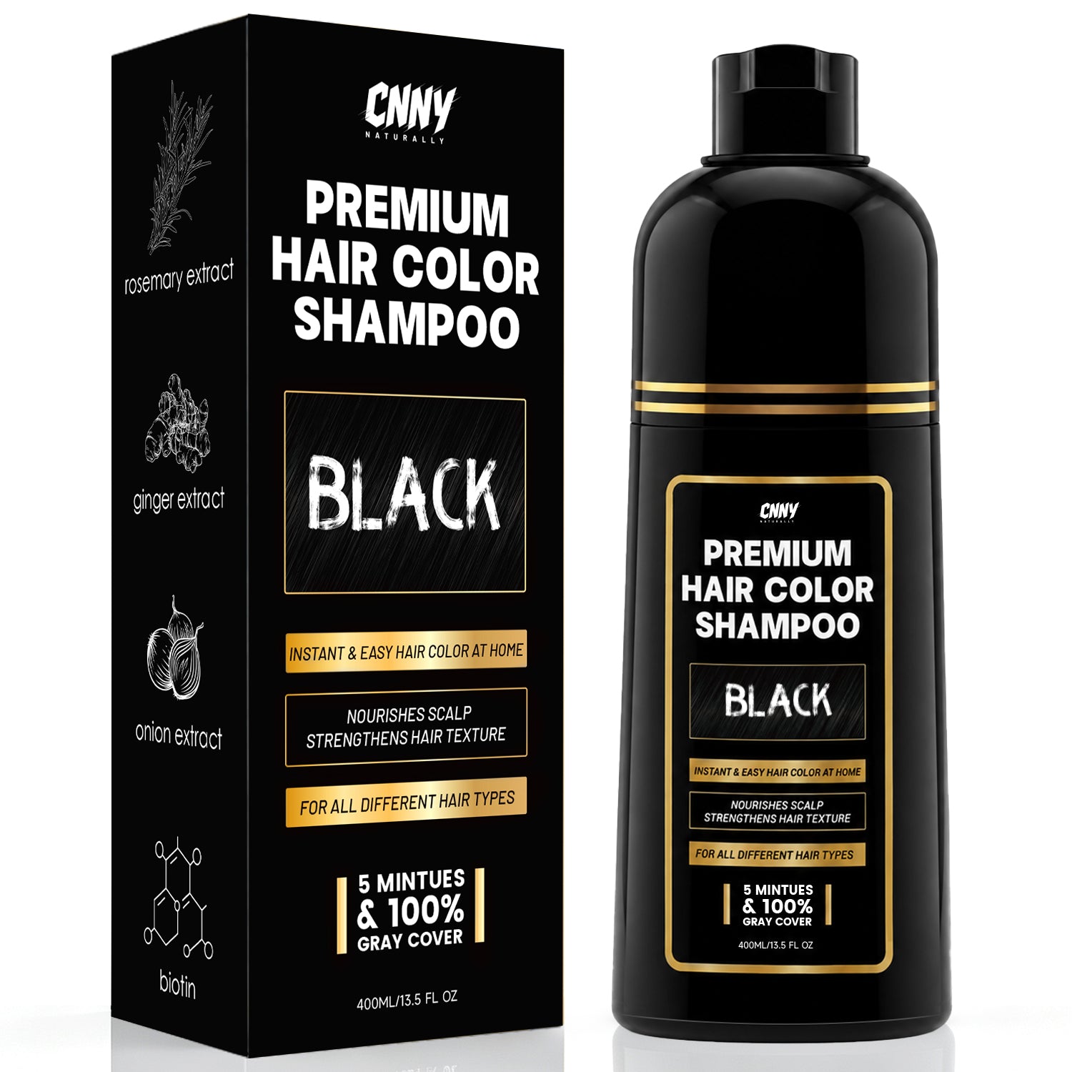 CNNY Black Hair Dye Shampoo, Quick Gray Hair Cover - 400 ml / 13.5 fl. oz.