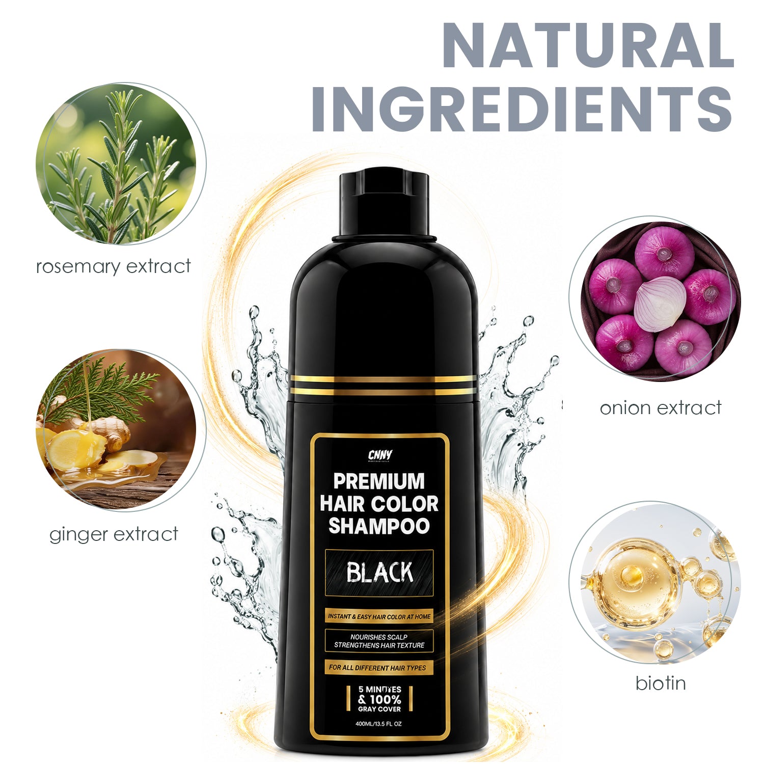 CNNY Black Hair Dye Shampoo, Quick Gray Hair Cover - Natural Ingredients, Safe to Use at Home