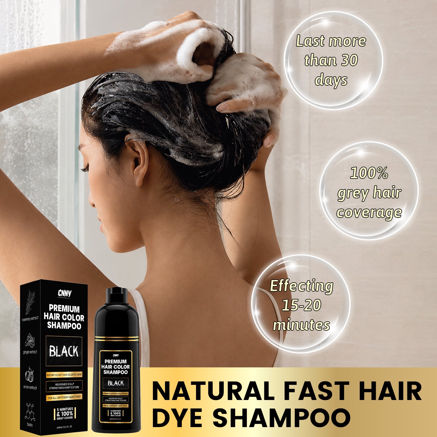 CNNY Black Hair Dye Shampoo, Quick Gray Hair Cover - 400 ml / 13.5 fl. oz.