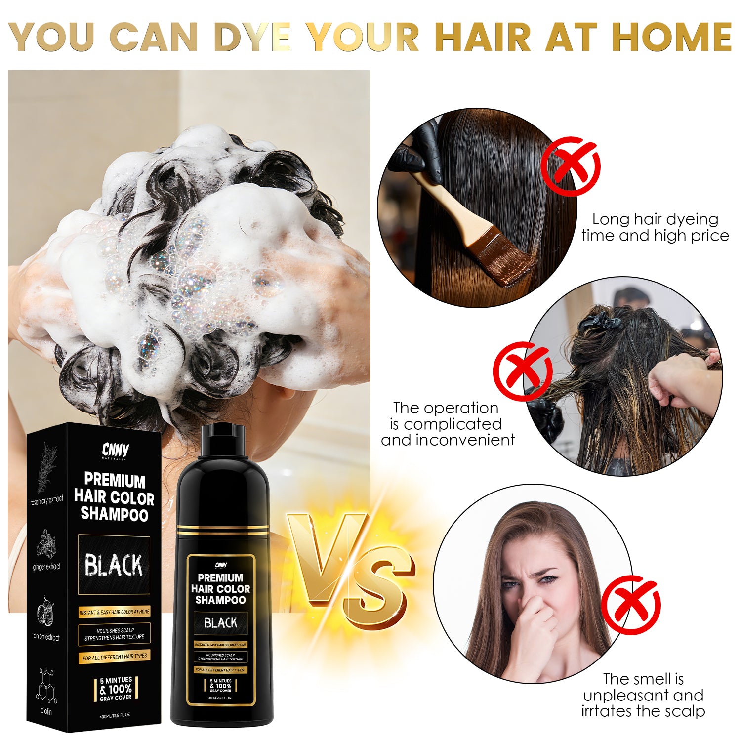 CNNY Black Hair Dye Shampoo, Quick Gray Hair Cover - 400 ml / 13.5 fl. oz.